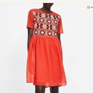NWT Zara Orange Embroidered‎ Mesh Dress L